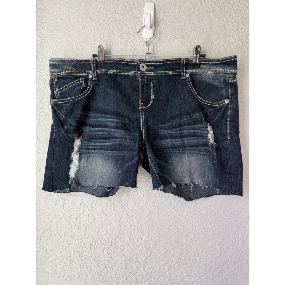 rue21 Womens‎ Distressed Denim Cutoff Shorts Dark Wash Rhinestone Size 13/14